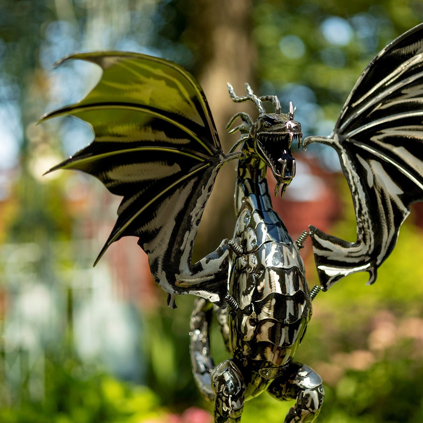 Wind blown Tall Iron Dragon Swing Stake with Tail Up "Sunfyre" - angle 8