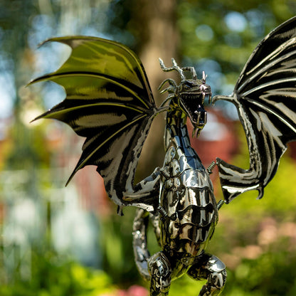 Wind blown Tall Iron Dragon Swing Stake with Tail Up "Sunfyre" - angle 8