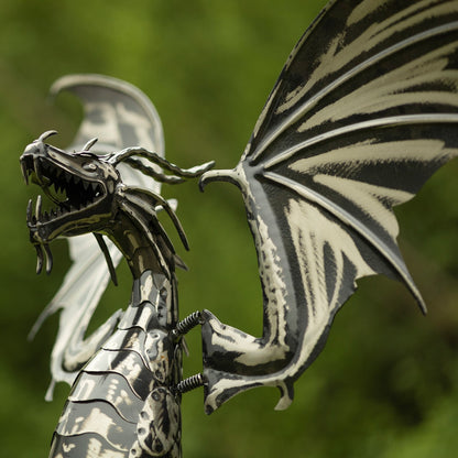 Kinetic Iron Dragon Garden Sculpture Tail Down close up of head - angle 6
