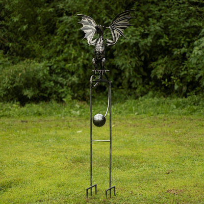 Sculpture Kinetic motion with rocking body and animated wings Tall Iron Dragon Swing Stake with Tail Down