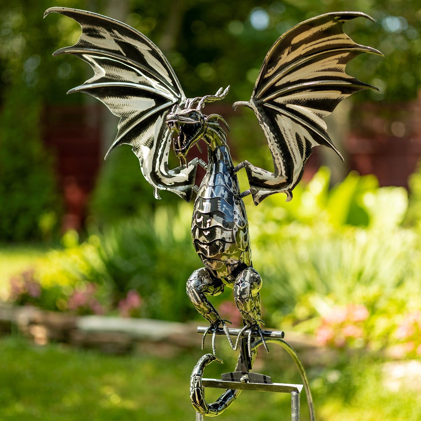 Kinetic motion with rocking body and animated wings Tall Iron Dragon Swing Stake with Tail Down