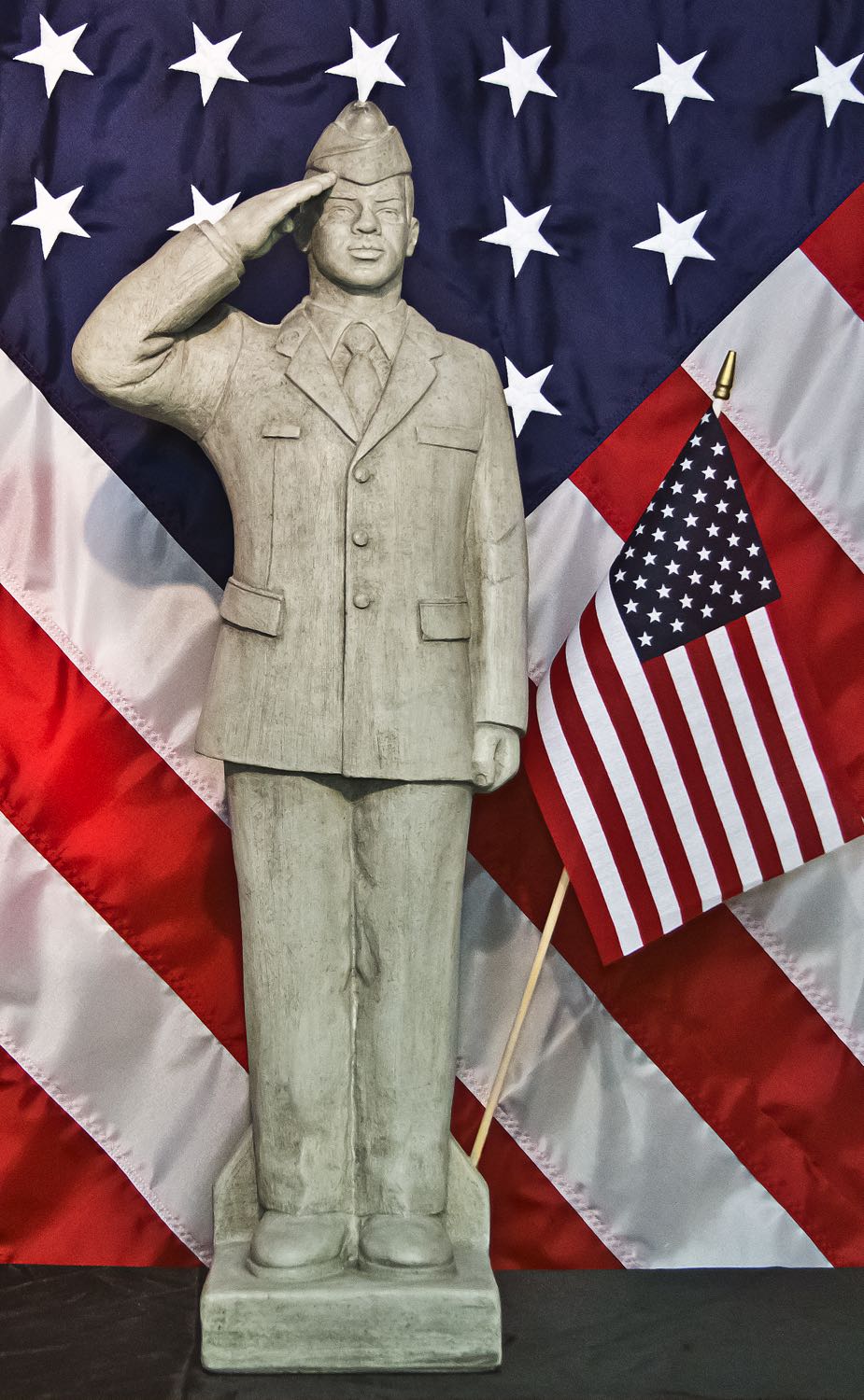 Soldier Saluting statue African American male 30" cast stone made in USA with flag