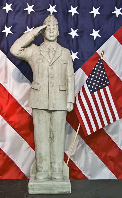 Soldier Saluting statue African American male 30" cast stone made in USA with flag
