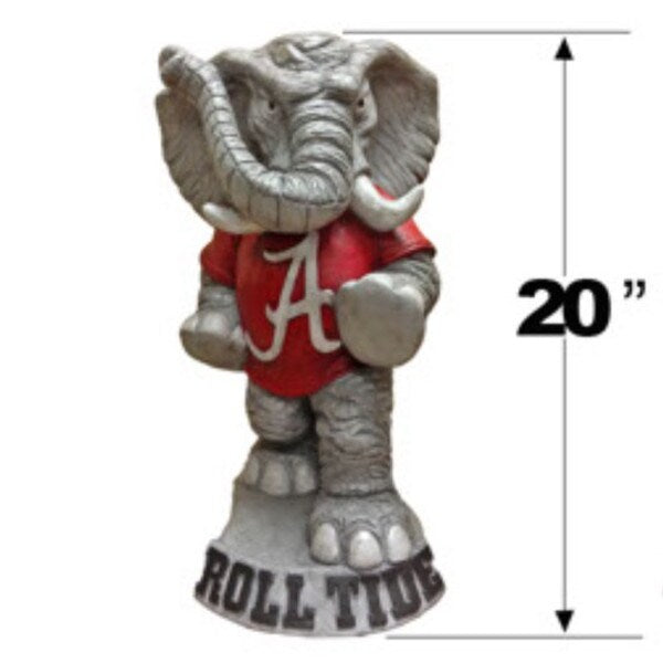 Alabama Big Al cast stone mascot sculpture made in the USA. Crimson Tide elephant statue with Roll Tide base for garden, patio, or fan display.