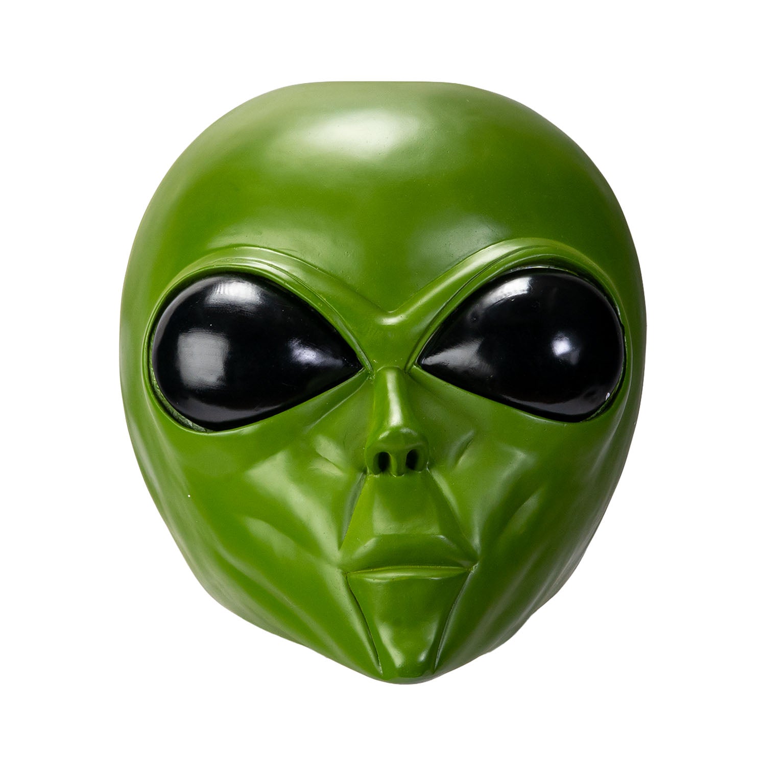 Front view Cosmic Observer Large Alien Head Sculpture big eyes and green in color