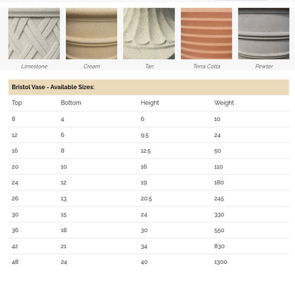 Bristol Vase size chart with color swatches and dimensions.