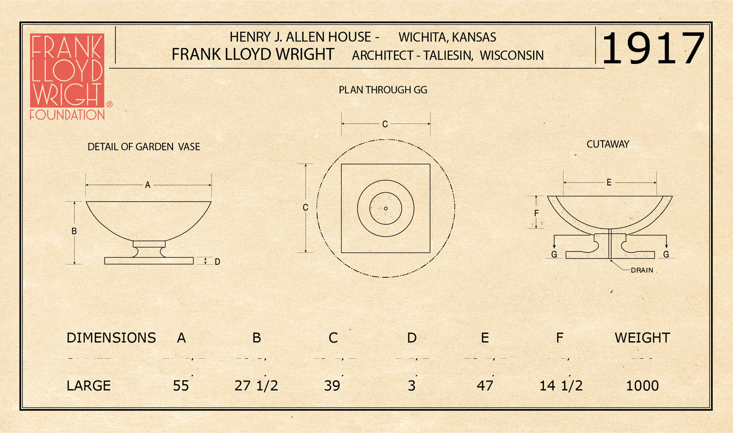 Henry J. Allen Residence Vase Large Vase measurement drawing by Frank Lloyd Wright