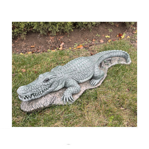 Alligator water feature spouting garden statue fountain crafted for outdoor landscapes. Detailed gator sculpture creates a dramatic focal point for ponds and pools.