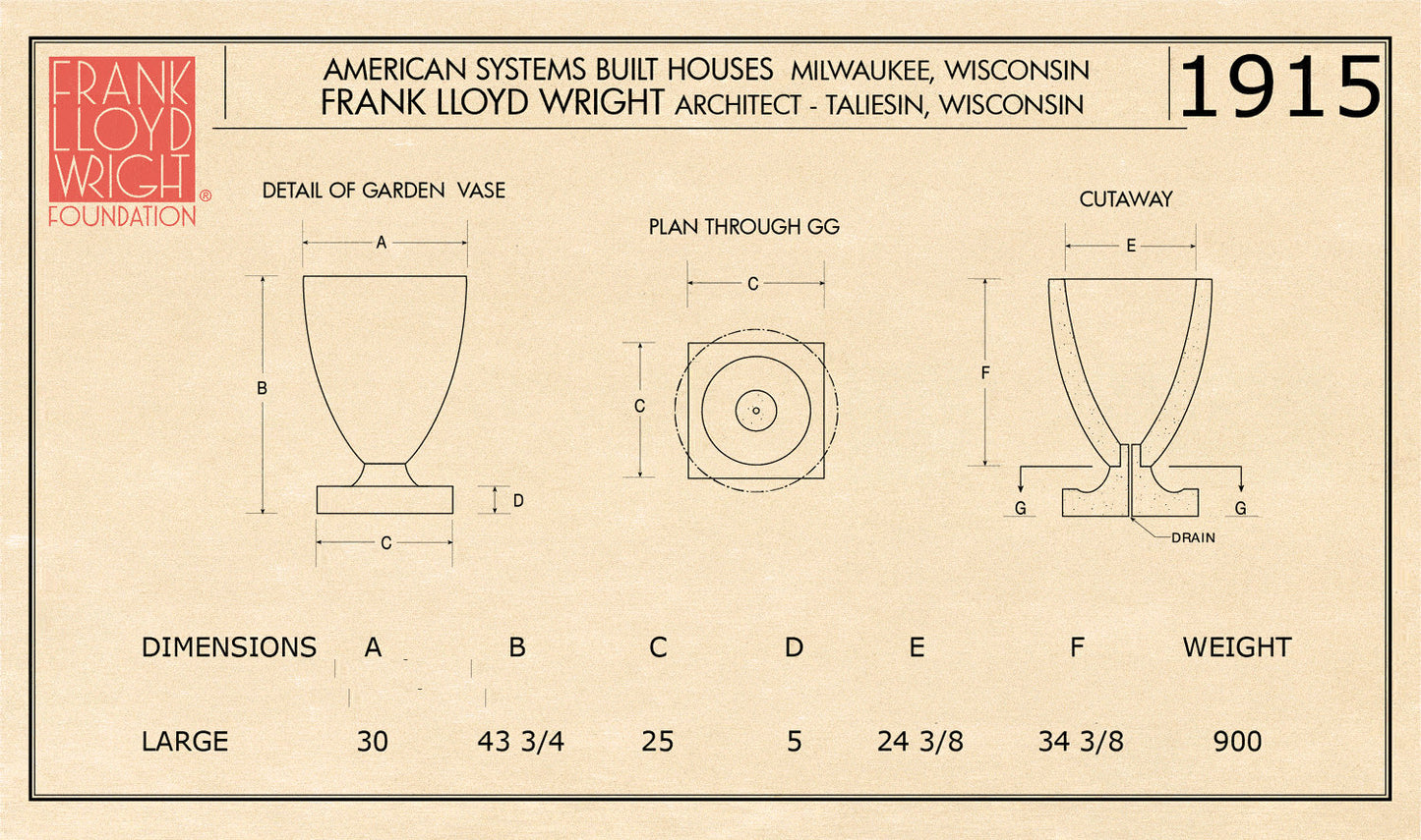 American Systems House Vase Planter drawing of size large Frank Lloyd Wright