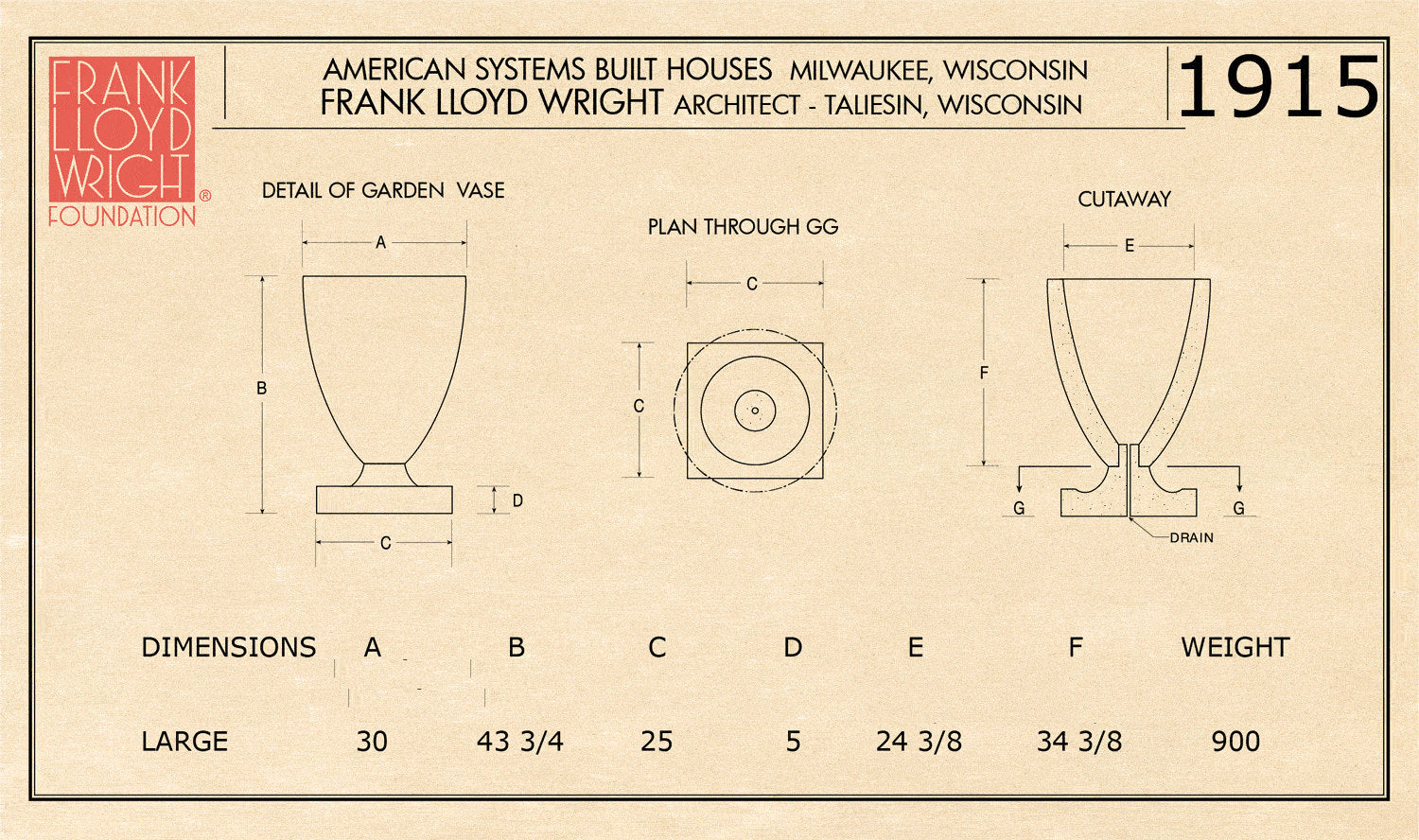 American Systems House Vase Planter drawing of size large Frank Lloyd Wright