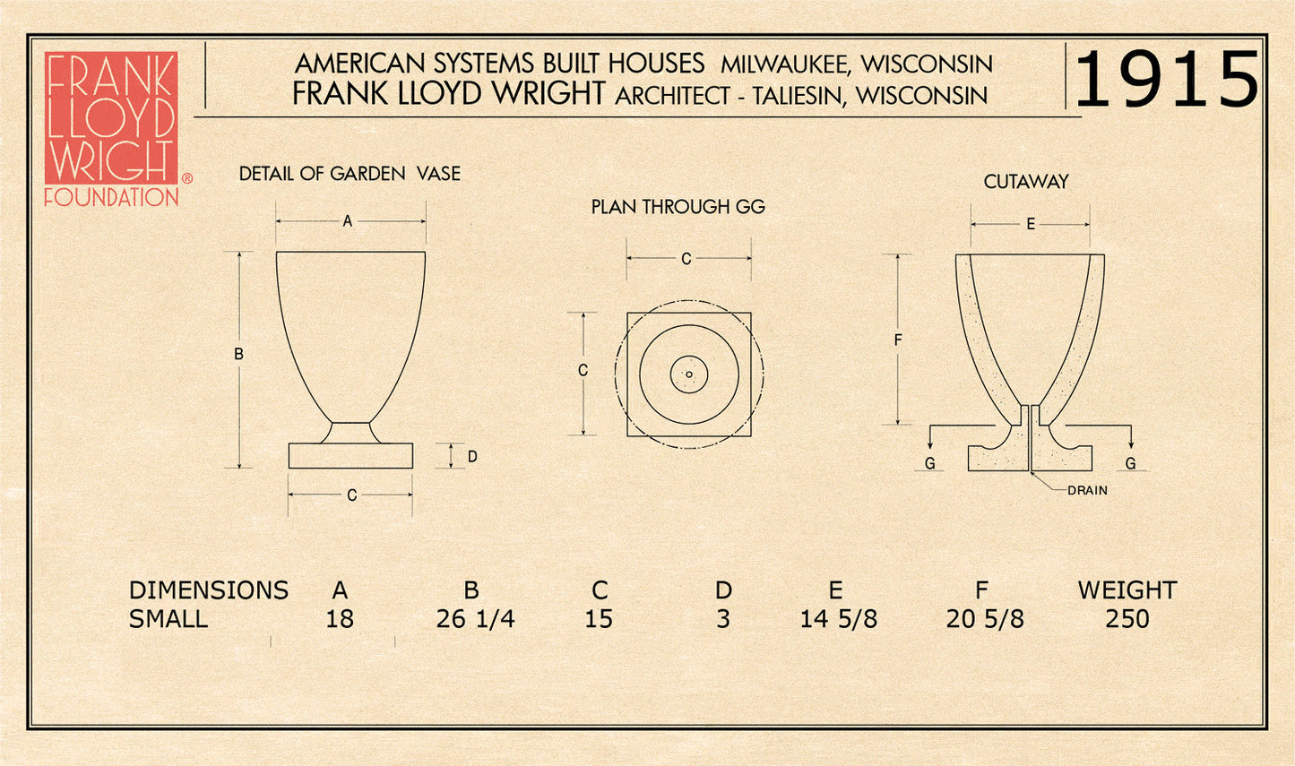 American Systems House Vase drawing of size small Frank Lloyd Wright