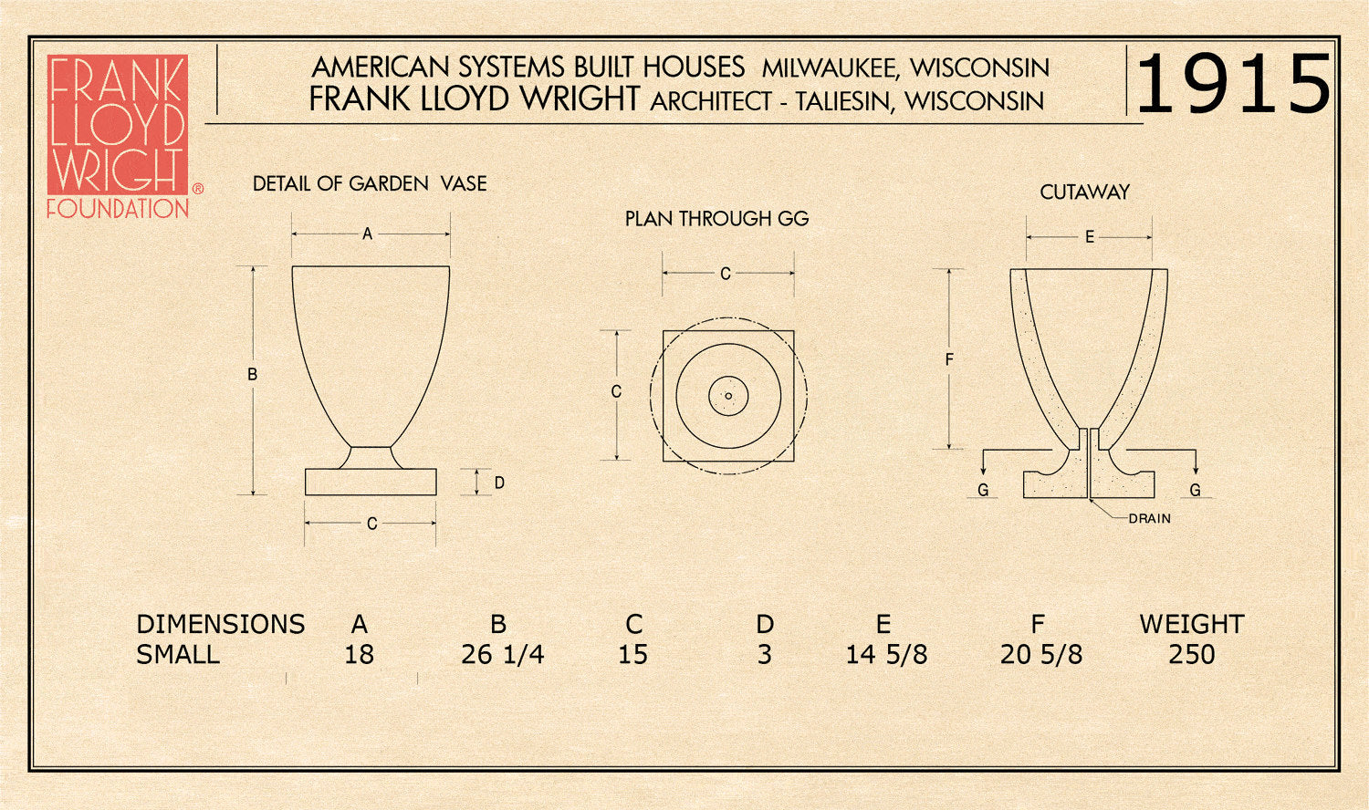 American Systems House Vase drawing of size small Frank Lloyd Wright