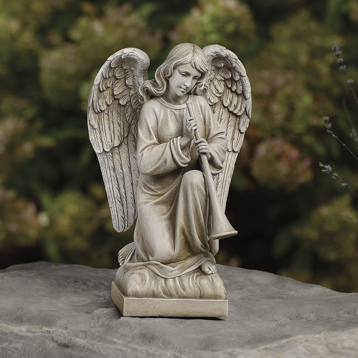 Kneeling Angel with Trumpet Garden Statue Trumpeting Guardian Heaven’s Messenger