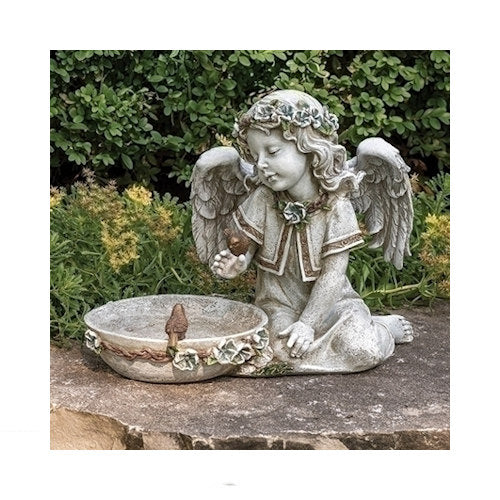 Angel Seated with Solar Bird Bath Garden Statue