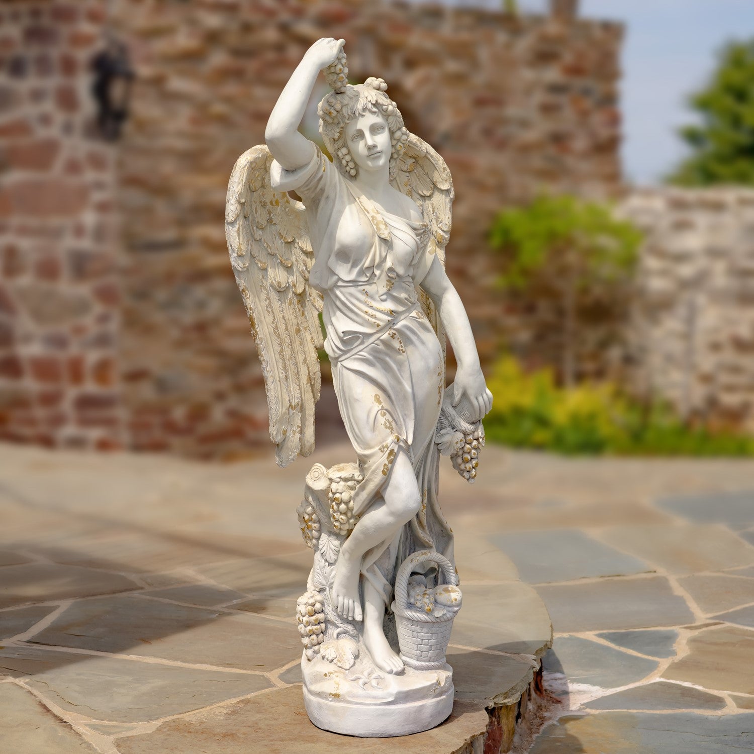 Angel of the Harvest Life-Size Garden Sculpture with Grapes and Fruit Basket Estate Sized