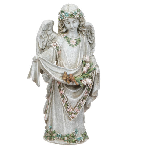 sweet angel is sculpted with soft curls, floral detailing, and outstretched wings, holding the hem of her gown to cradle two perched bird