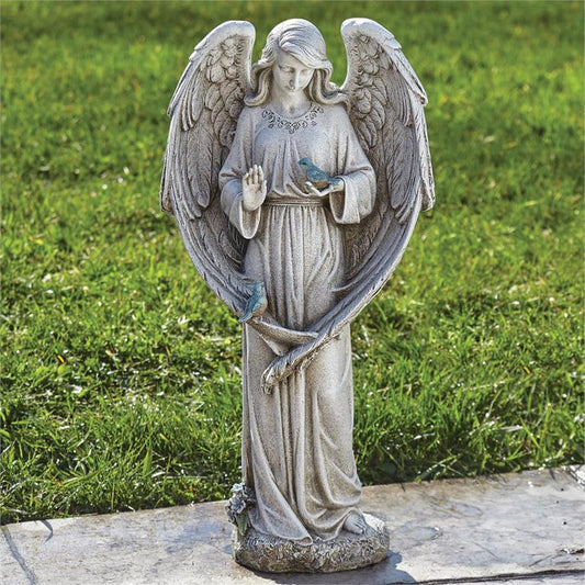 Angel with Two Blue Song Birds Garden Statue