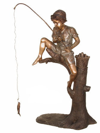 Angler’s Catch Bronze Fishing Boy Garden Statue Life Size with bucket of  fish