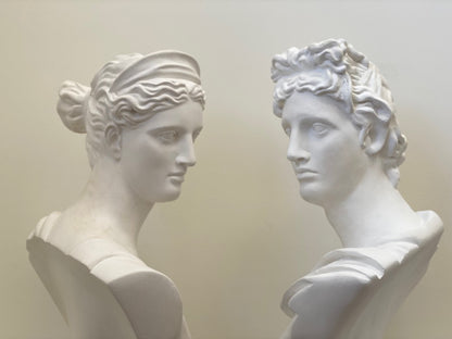 Apollo & Diana Plaster Busts – Classical Greek & Roman Sculptures Set Pair Close up of faces