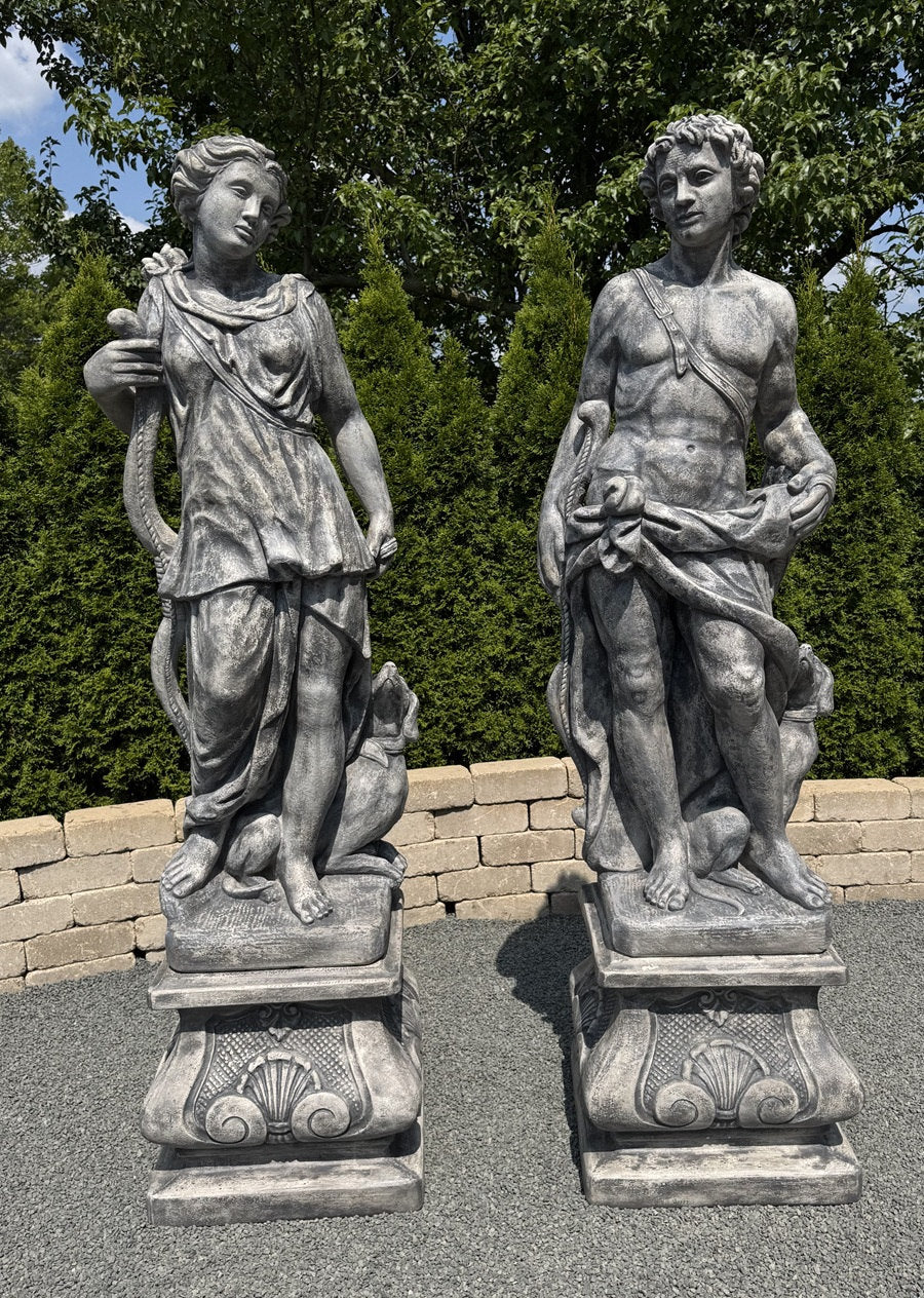 Life size Apollo and Diana cast stone statues with Italian pedestal bases classical garden pair with color choices.