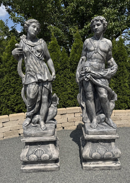 Life size Apollo and Diana cast stone statues with Italian pedestal bases classical garden pair with color choices.