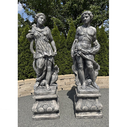 Life size Apollo and Diana cast stone statues with Italian pedestal bases classical garden pair 