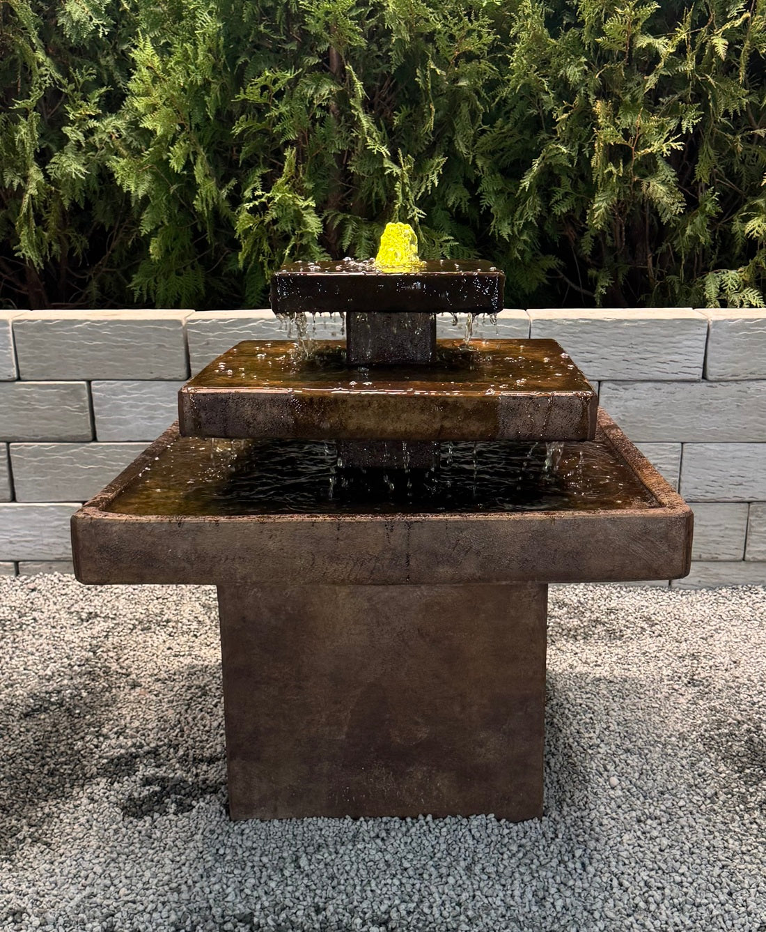 Aspen square cast stone fountain, 29 inches high with LED light and pump