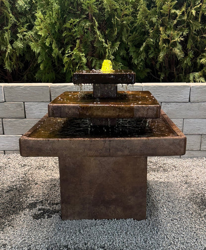Aspen square cast stone fountain, 29 inches high with LED light and pump