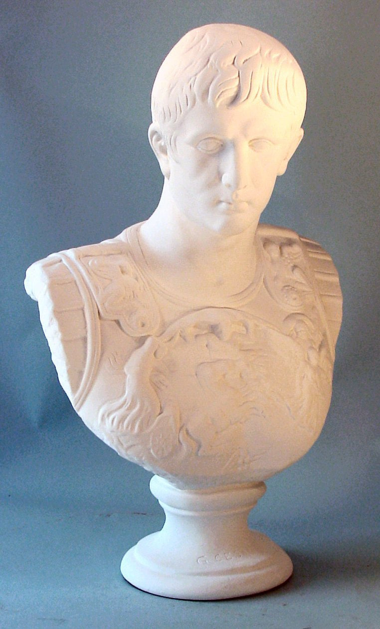 Rome’s first emperor with this finely crafted Augustus Caesar in Armor Bust Reproduction statue