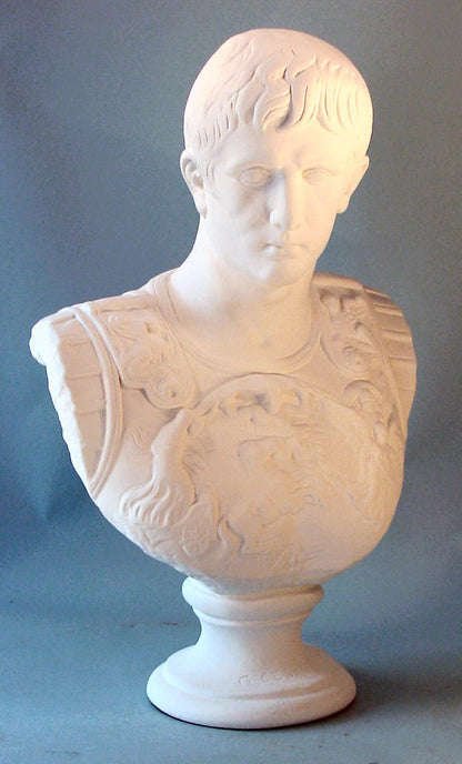 Rome’s first emperor with this finely crafted Augustus Caesar in Armor Bust Reproduction statue