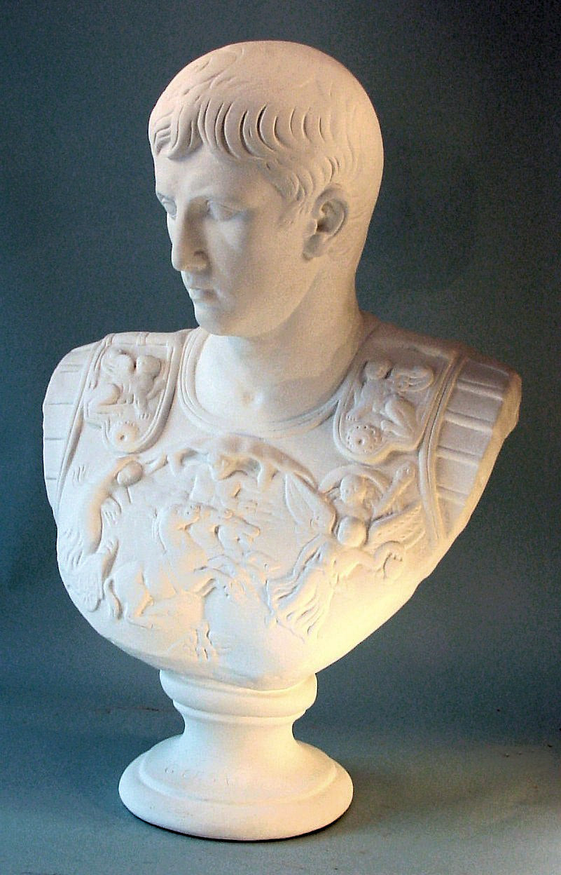 Rome’s first emperor with this finely crafted Augustus Caesar in Armor Bust Plaster Sculpture