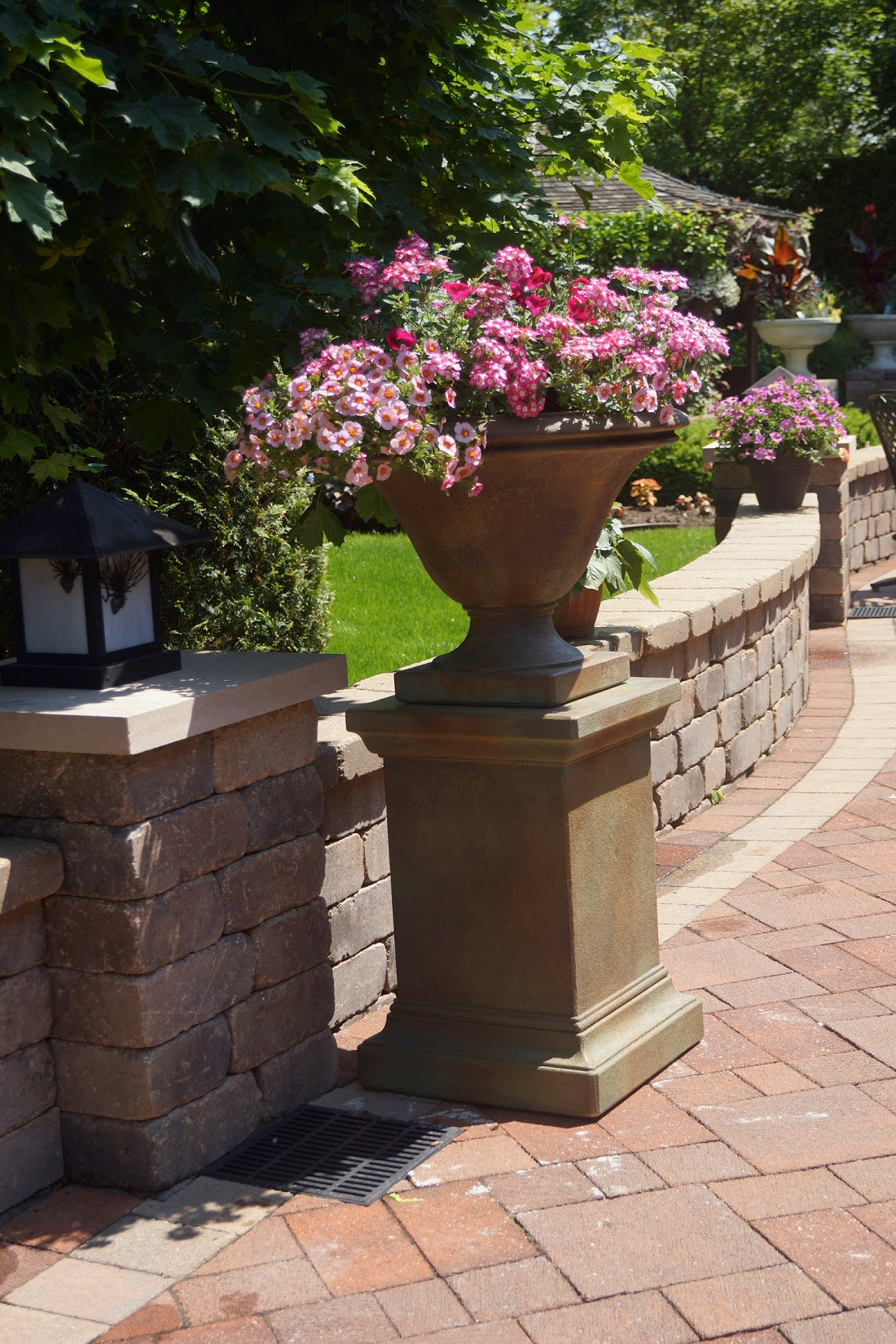 Avanti smaller planter low profile garden urn cast stone bowl shown with optional base