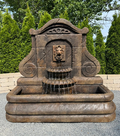 Avignon lion sculpted wall fountain cast stone European style piped 