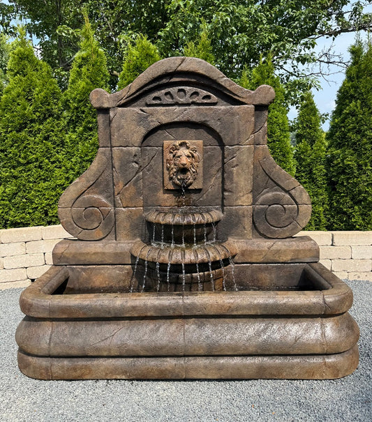 Avignon lion sculpted wall fountain cast stone European style piped 