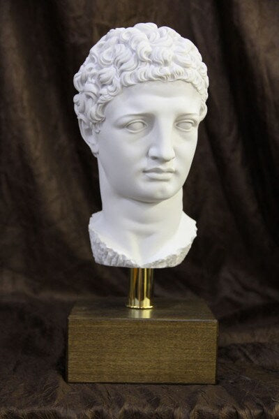 Head Of Hermes by Praxiteles Bust on Wood Base Alabaster Sculpture