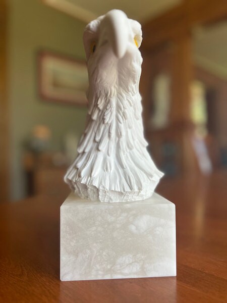 Front view bald eagle with glass eyes marble statue bust Italian sculpture