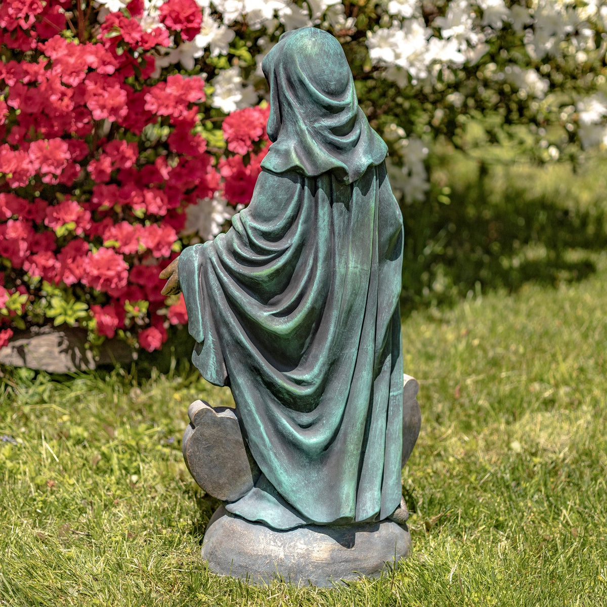 Back view Catholic Blessed Mother sculpture for prayer garden