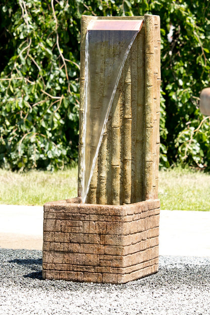 bamboo spillway wall fountain copper edge One large pouring water flow