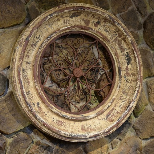 Large scale Rustic Wall Medallion with Carved Frame and Iron Detail