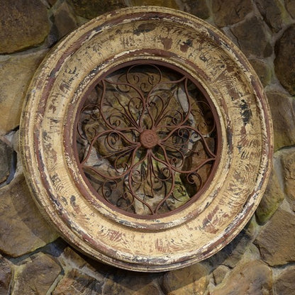Large scale Rustic Wall Medallion with Carved Frame and Iron Detail