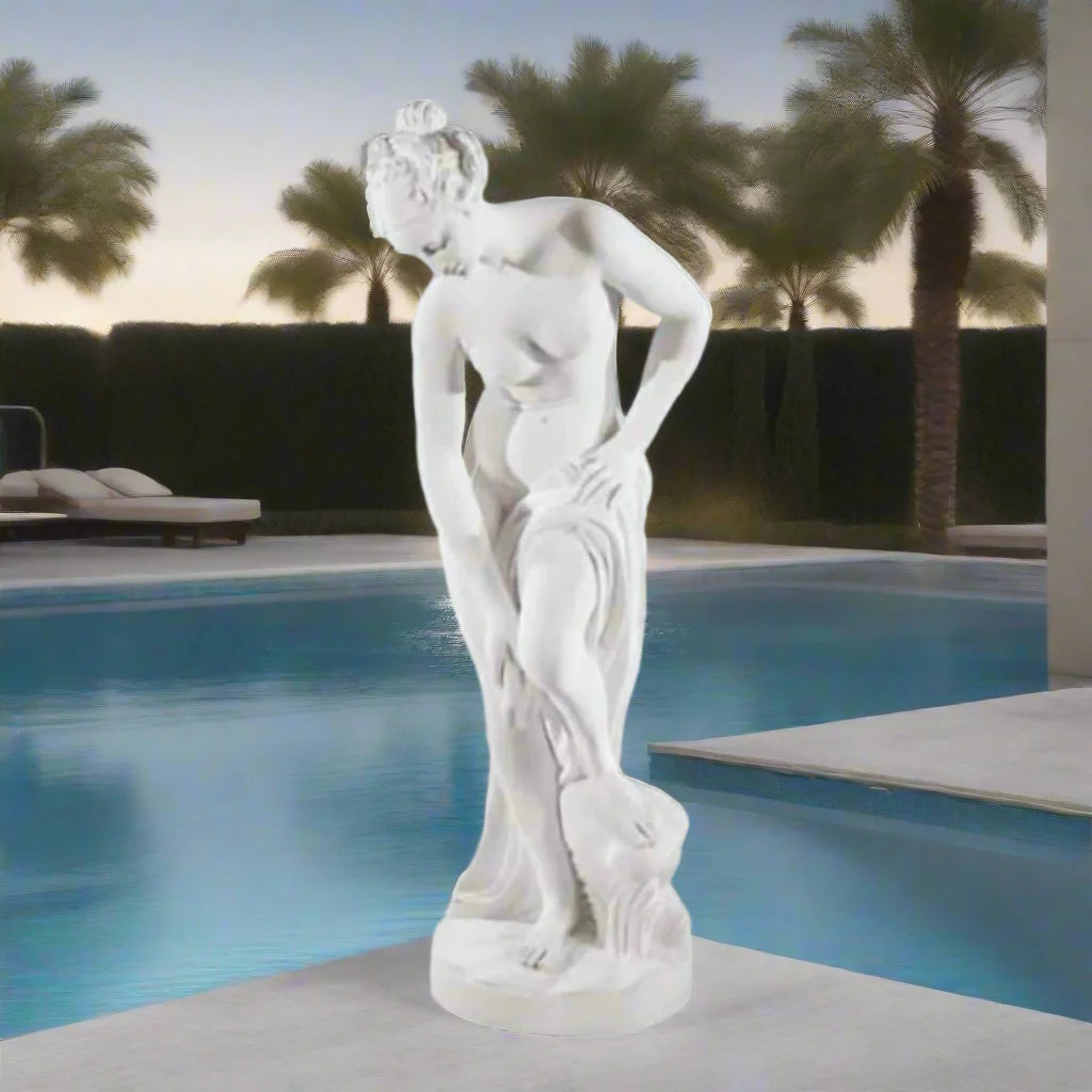 63-inch Italian marble Bather by Allegrain statue, elegant classical sculpture for gardens, interior decor, or fine art collections