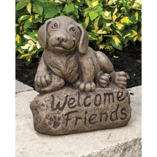 Welcome Friends Beagle Statue – Cast Stone Dog Sculpture with Inscribed Base