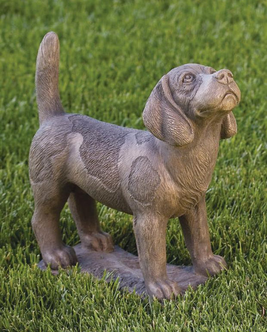 Handmade beagle dog statue with wagging tail and puppy dog eyes cast stone
