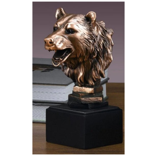 Bear Head Sculptural Portrait Bust, siting on a wooden desk, a few books in the background.
