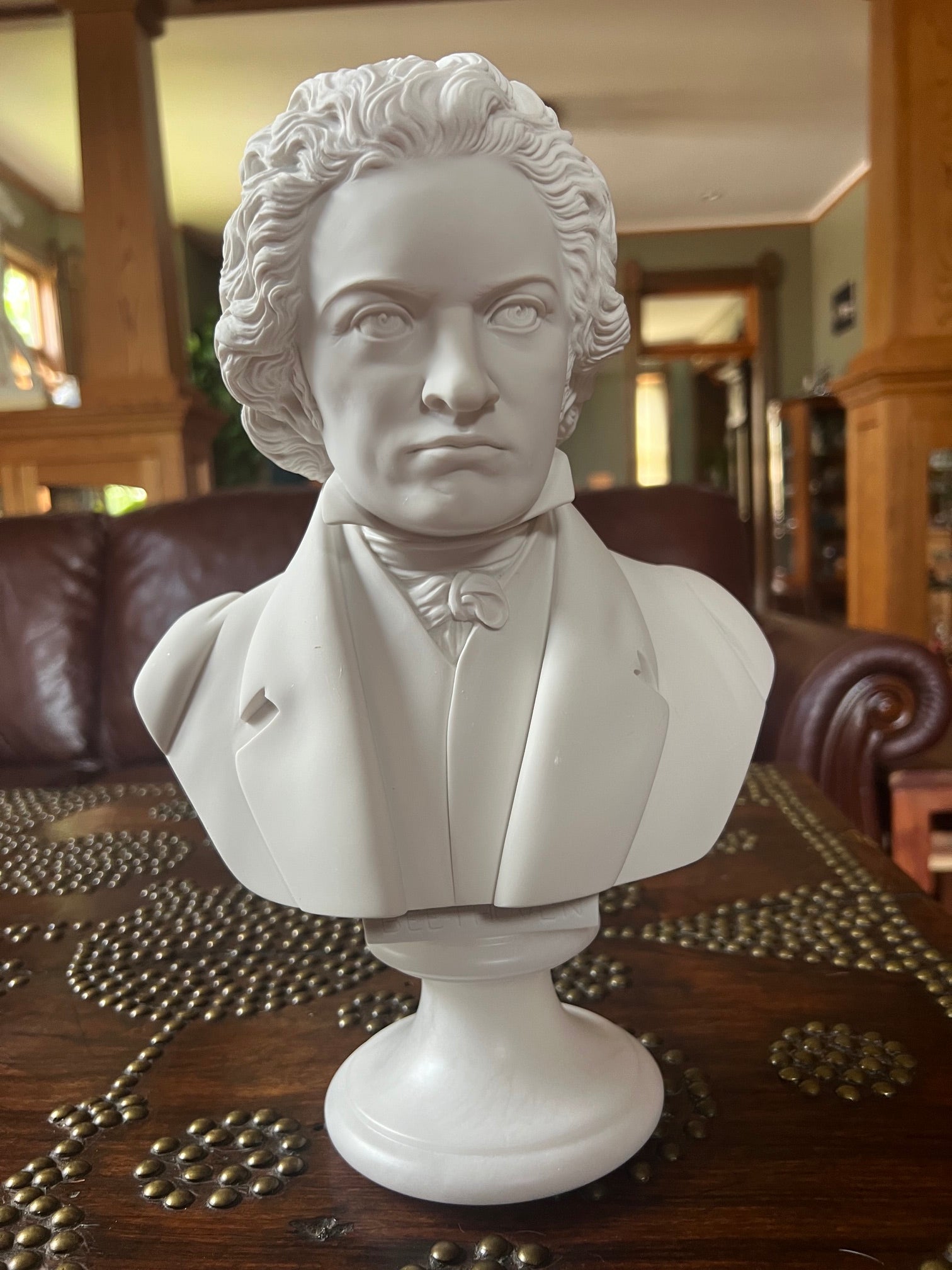 White Beethoven portrait sculpture on solid alabaster base