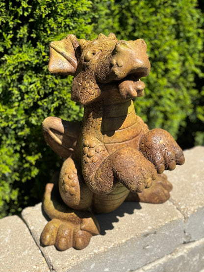 Bella begging dragon garden statue in cast stone whimsical fantasy sculpture