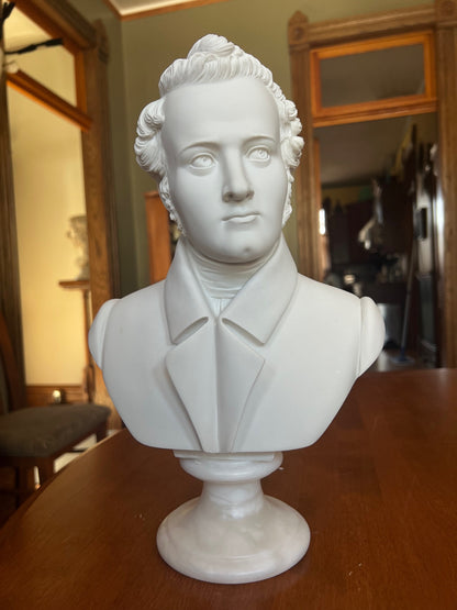 White Vincenzo Bellini bust on solid alabaster base, Italian sculpted portrait