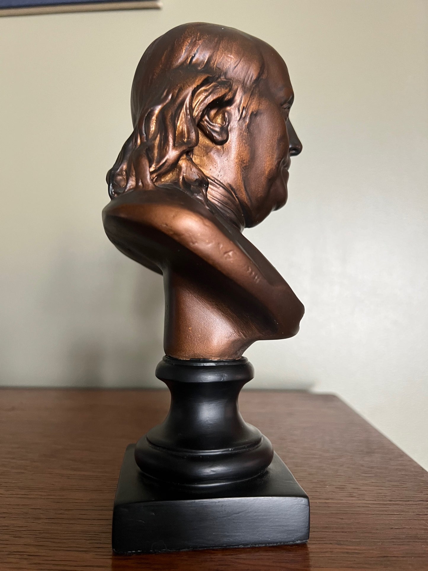 Ben Franklin founding father portrait bust with classical sculpted detail side view