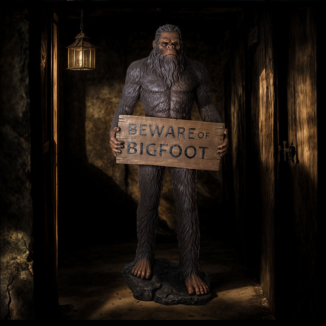 Statue of a creature holding a 'Beware of Bigfoot' sign in a dimly lit setting.