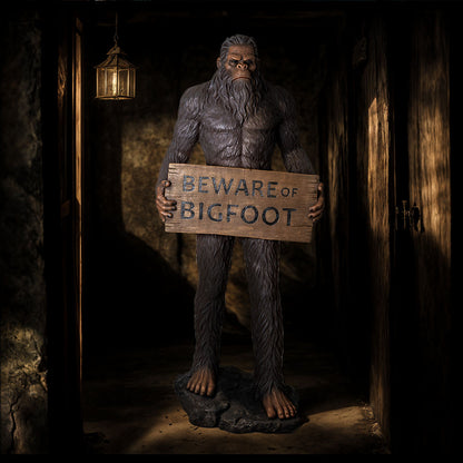 Statue of a creature holding a 'Beware of Bigfoot' sign in a dimly lit setting.